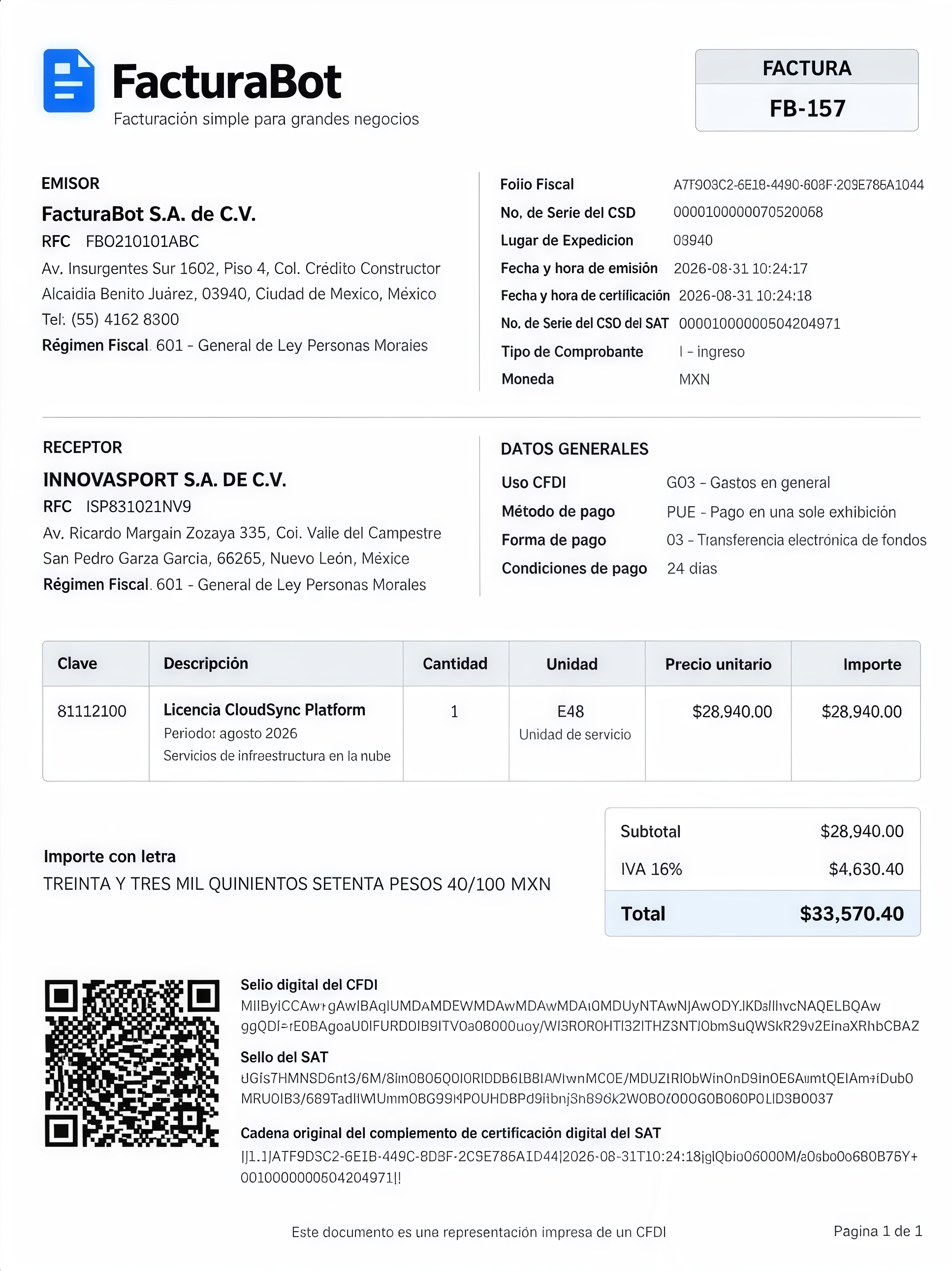Factura timbrada con acciones para ver detalle, descargar PDF y XML o enviar por correo