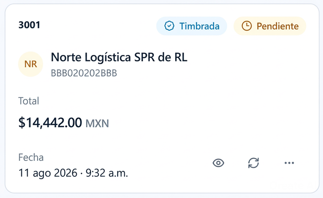 Factura timbrada de Norte Logística por $14,442.00